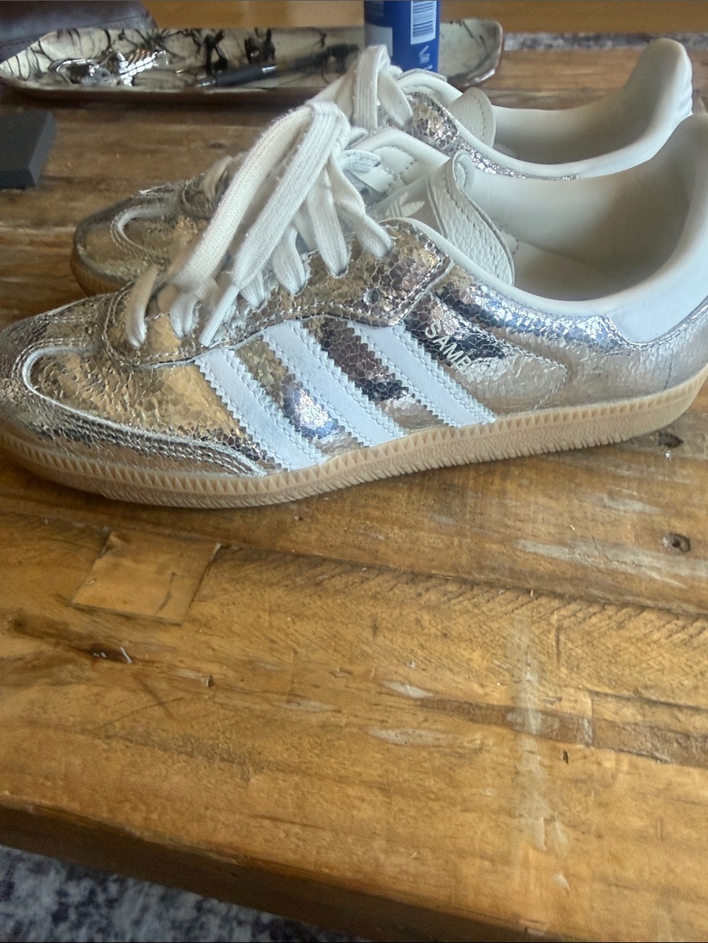adidas Samba Metallic Silver with White Stripes and Gum Sole